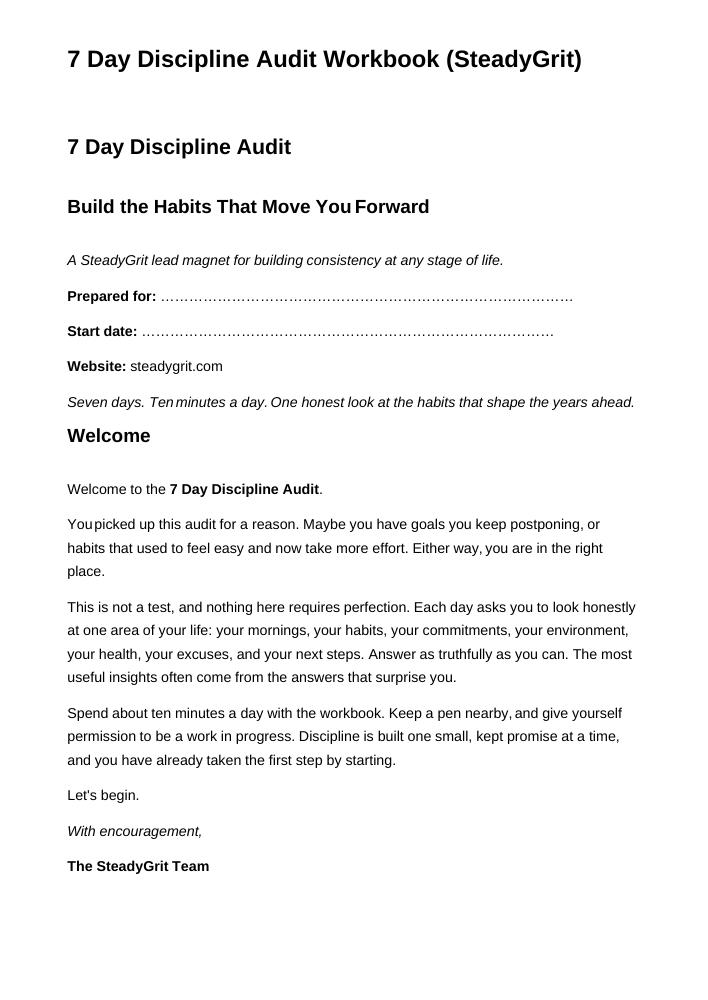 Preview of the 7 Day Discipline Audit workbook, a checklist of small daily actions