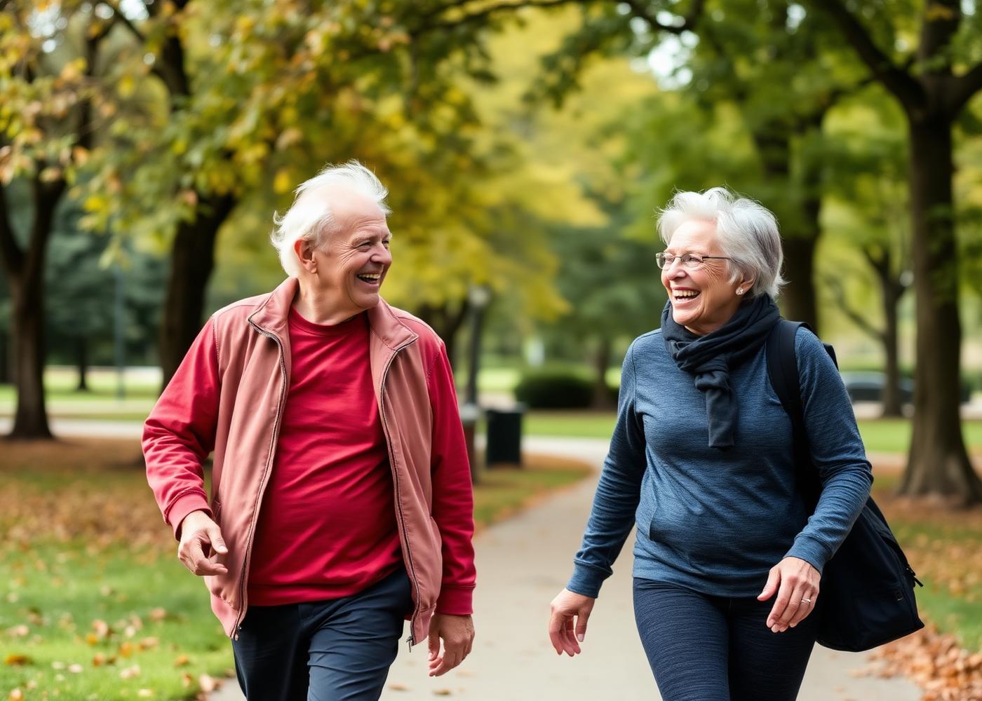 Two people in their late fifties laughing on a morning walk