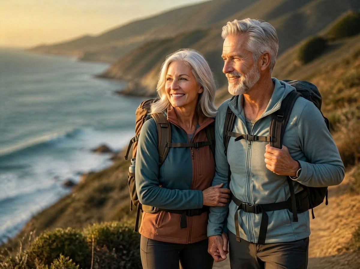 A woman in her sixties walking a coastal trail at golden hour
