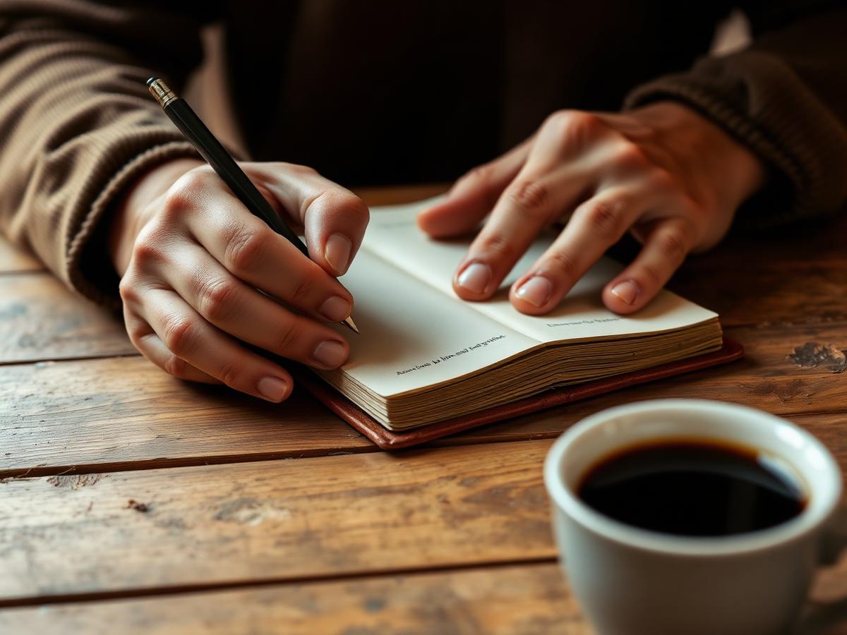 Hands writing in a leather journal next to a cup of coffee